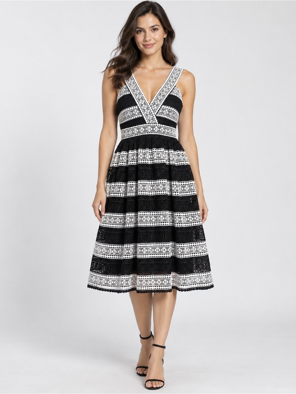 Kate Spade New York Black & White Lace Fit & Flare Midi Dress Size 8